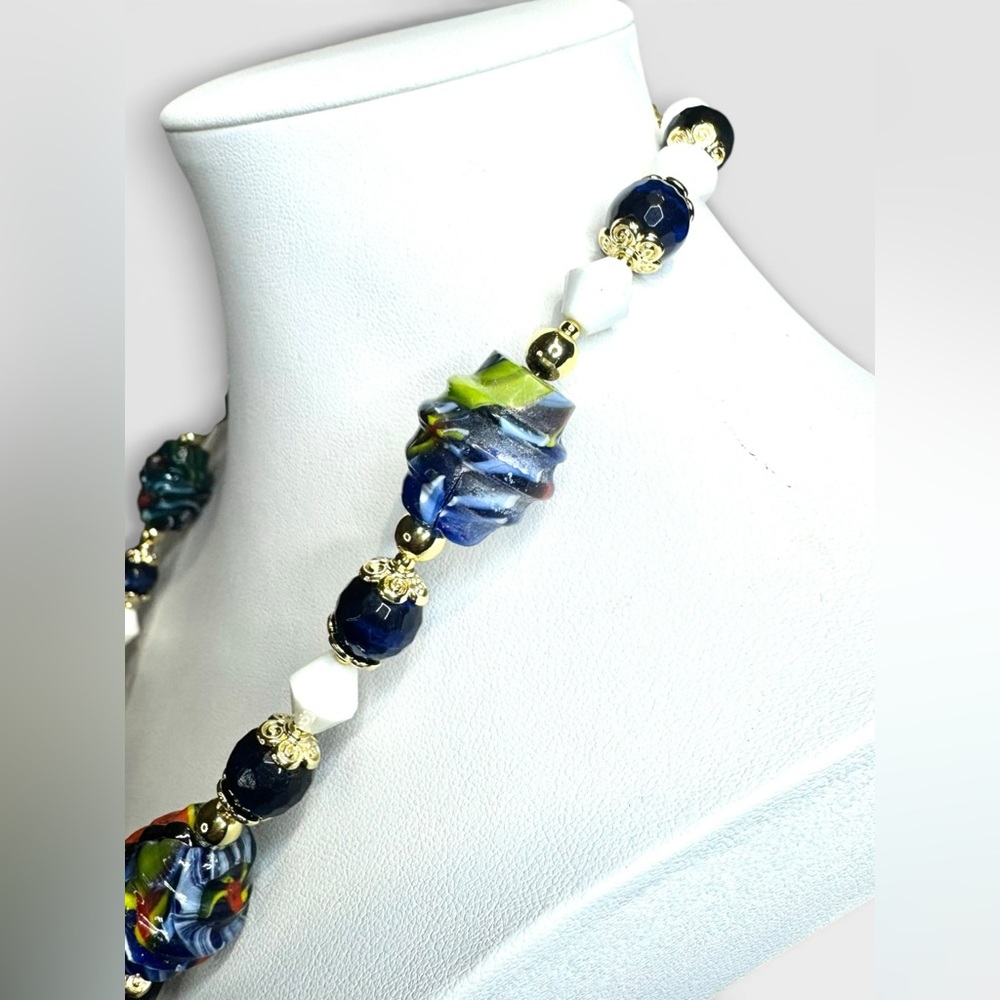 ARTISAN Murano Glass Millefiori, Blue Tiger’s Eye & Vintage Milkglass Necklace - Picture 9 of 16